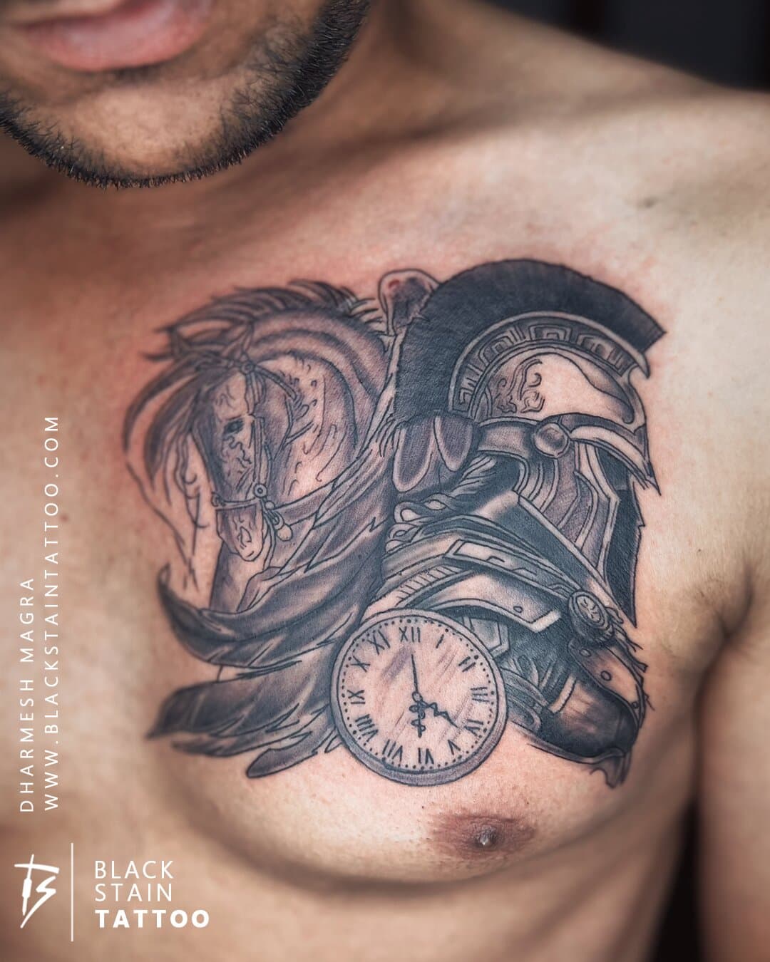Warrior chest tattoo with Roman helmet and mythology - large design Ahmedabad