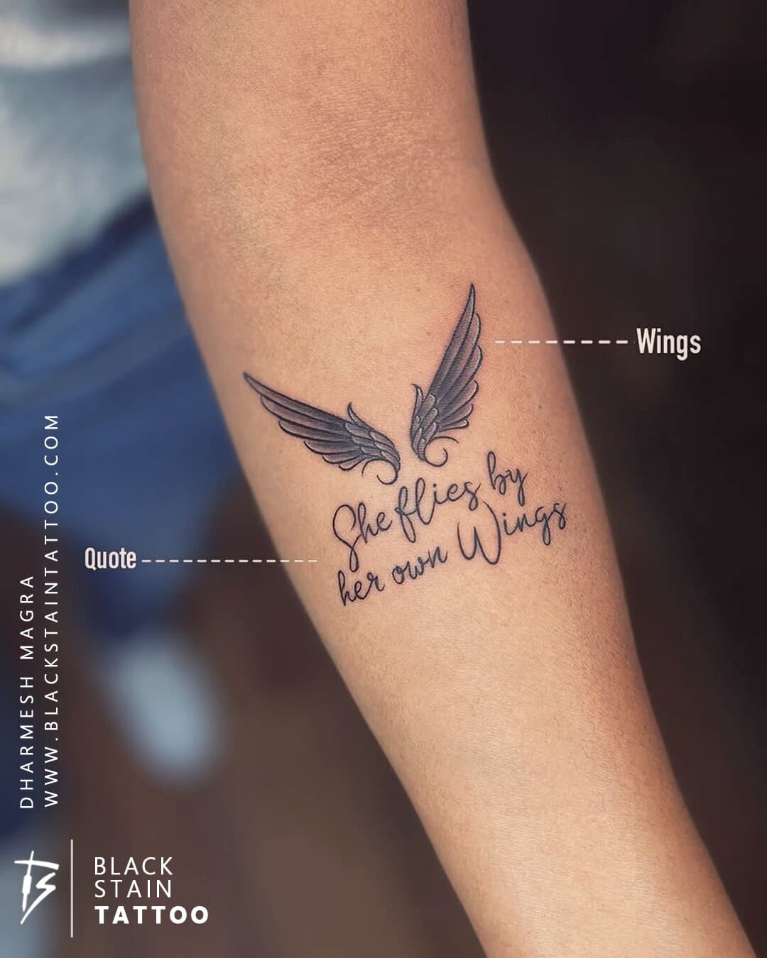 Wings with inspirational quote tattoo design - meaningful small tattoo Ahmedabad