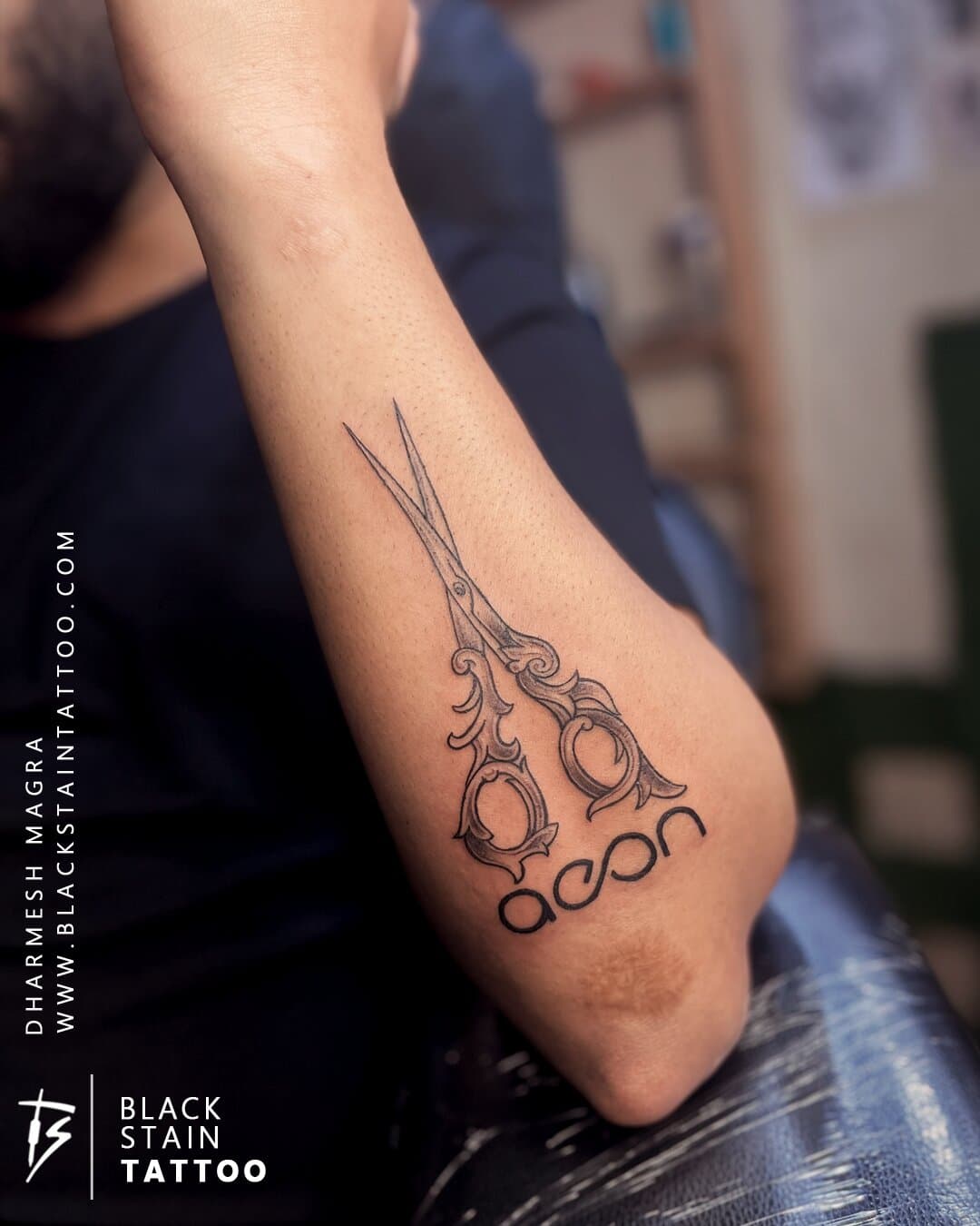 Ornate scissors small tattoo with decorative design - professional tattoo Ahmedabad
